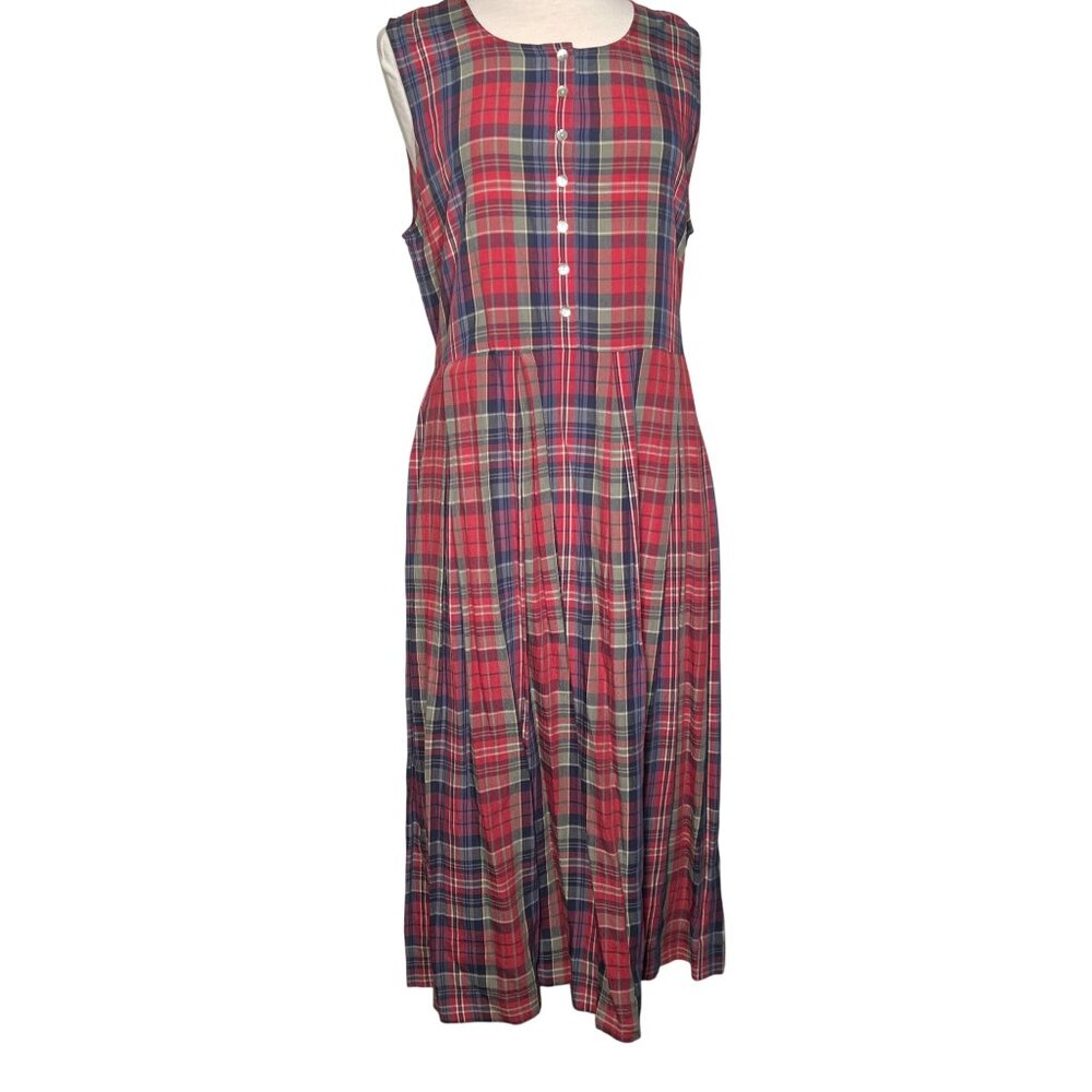 Talbots Petite 14P Madras Button Front Shirtdress Rayon Pleated Skirt Pockets